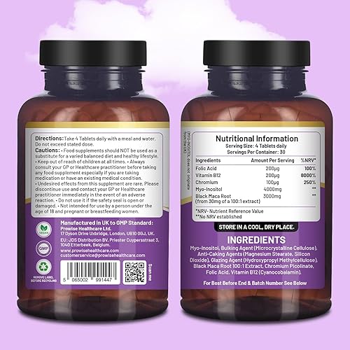 Miniatura 2 de Complejo de mio-inositol 120 tabletas veganas de 7000 mg por porción con raíz de maca negra, cromo, ácido fólico y vitamina B12  Balance hormonal