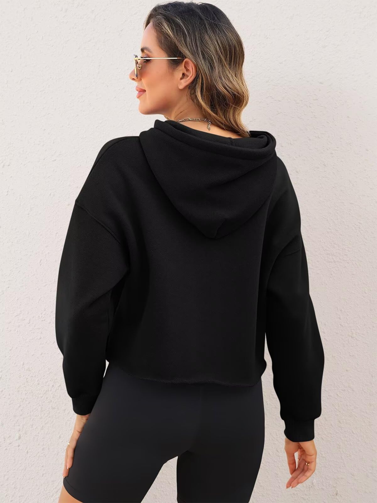 ORANDESIGNE Sudadera corta con capucha para mujer, manga larga, forro polar, informal, para entrenamiento, holgada