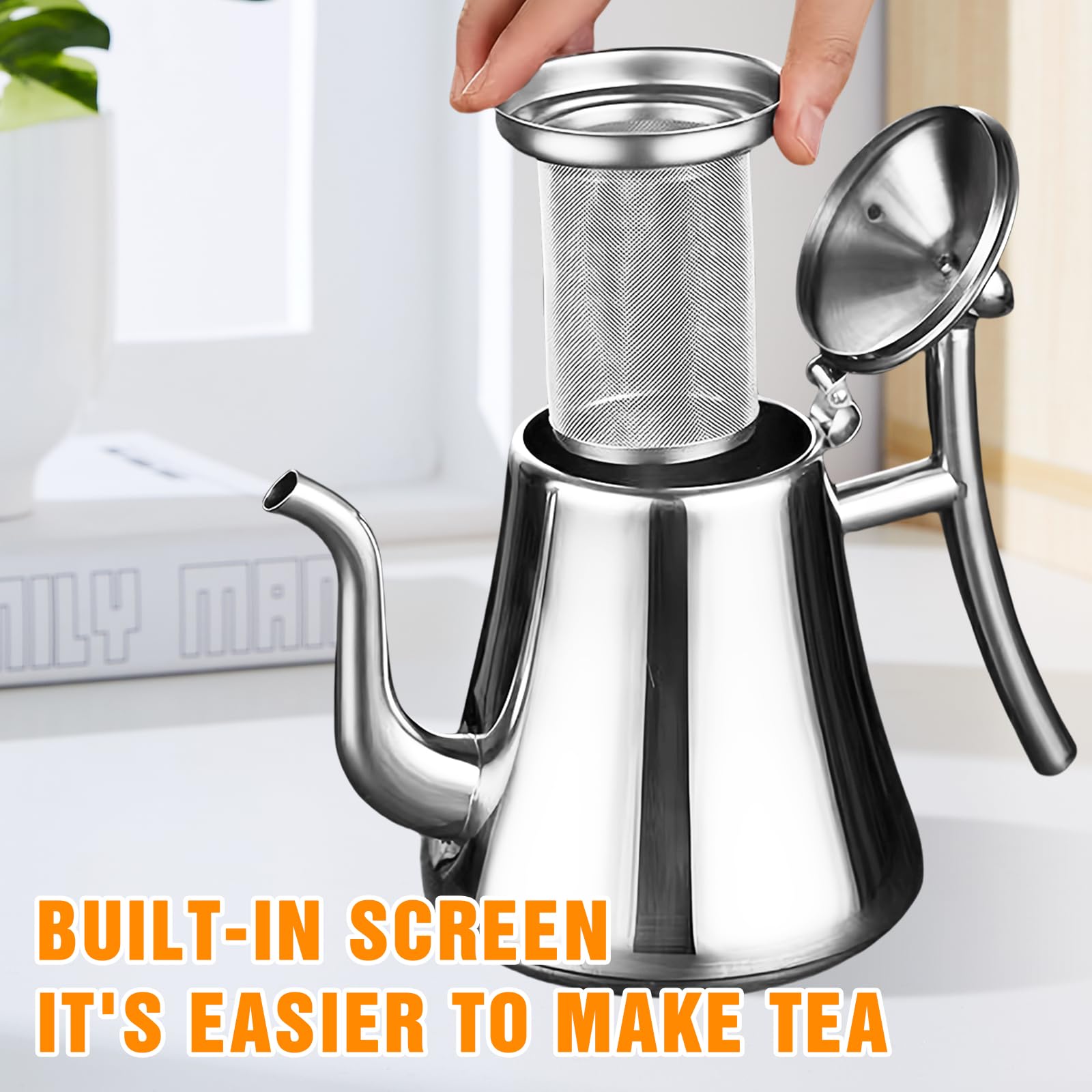 Teiera con inserto per colino, teiera in acciaio inox con filtro da 1 l, teiera a doppia parete con coperchio, teiera, teapot, tea per fornelli a induzione, fornello elettrico in ceramica a gas