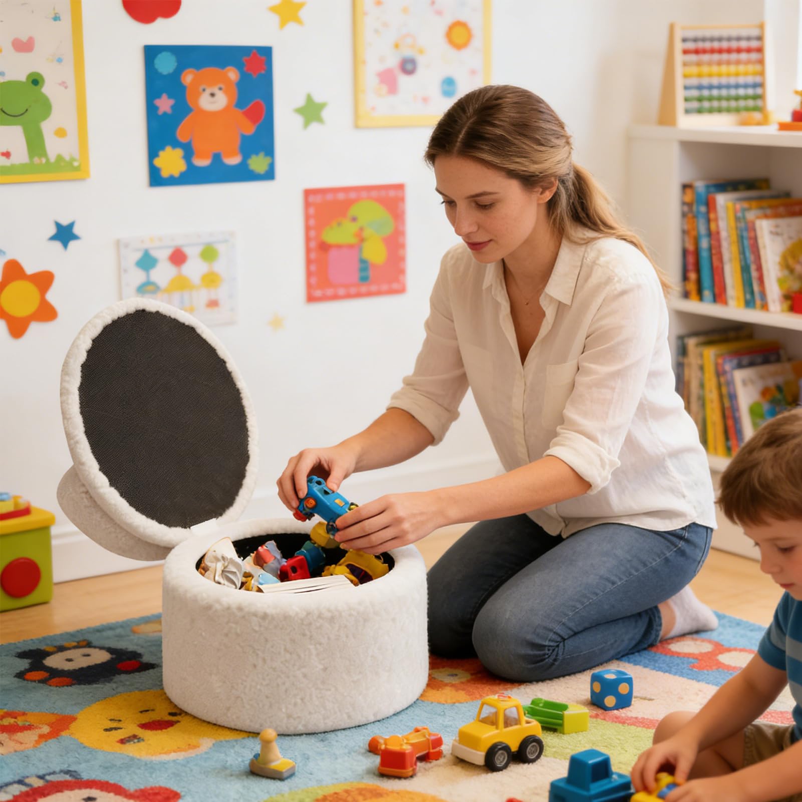 Pouf Per Poggiapiedi Ottomana Panca Rotonda in Peluche con Contenitore
