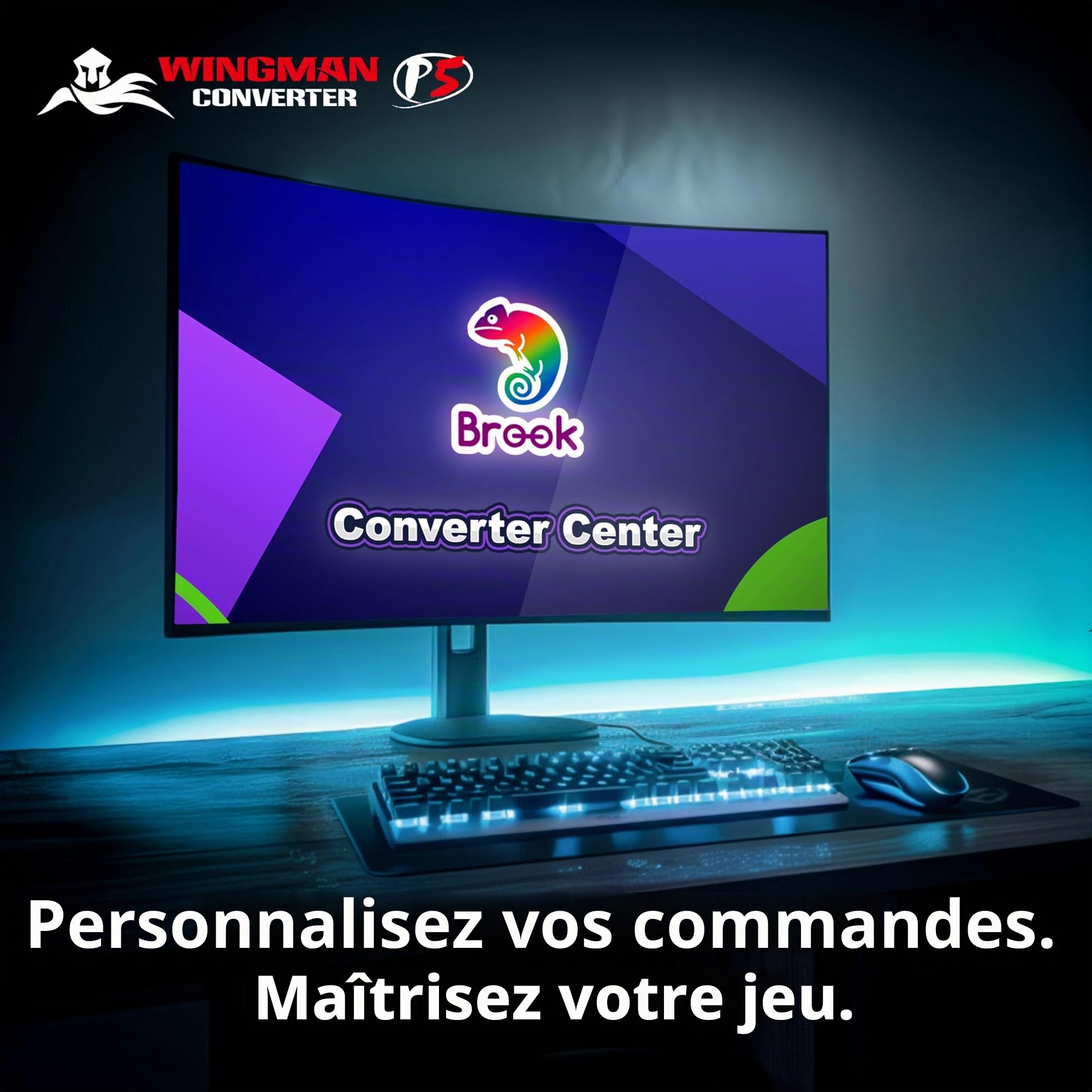 Brook Wingman P5 - Convertisseur de contrôleur PC P5 P4 avec support sans fil et filaire, vibration, mouvement six axes, turbo, macro, remap via le logiciel Converter Center (version exclusive)