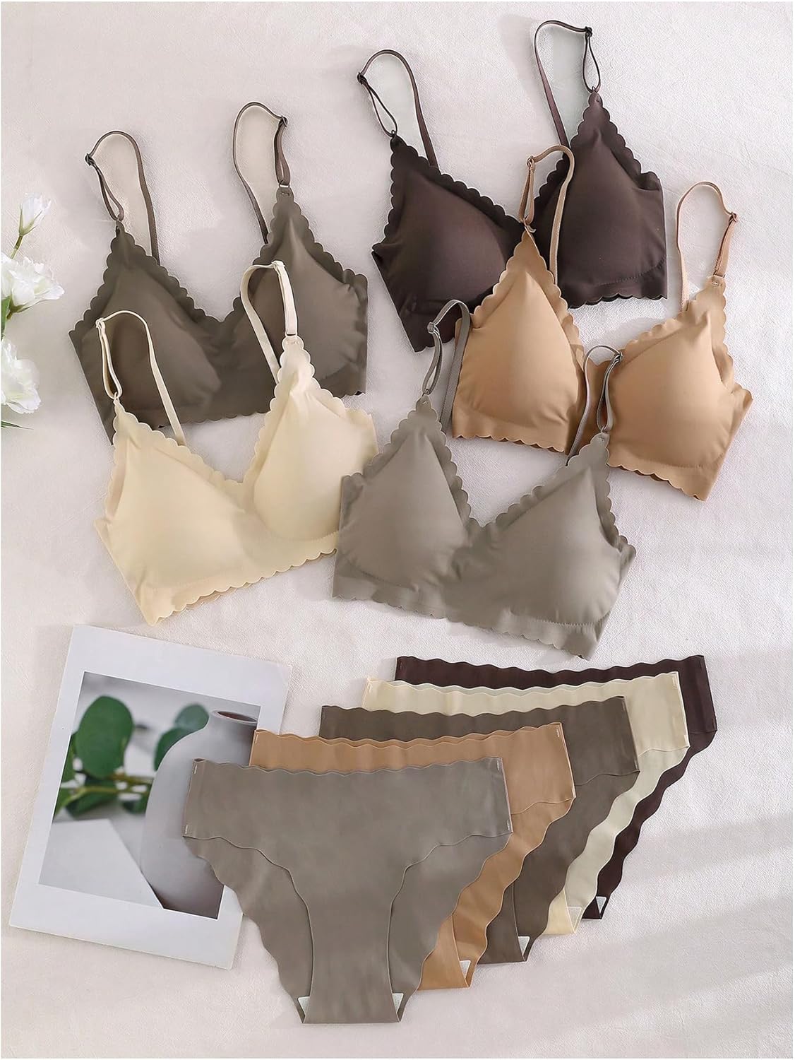 Women's 5 Pack Seamless Lingerie Sets Scallop Trim Wireless Bralettes No Show Bra and Panty Sets Matching Underwear - Image 5