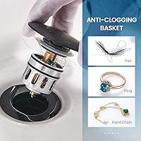 Vista 4 de Vessel Sink Drain, Bathroom Faucet Vessel Sink Pop Up Drain Stopper, Built-in Anti-Clogging Strainer, with Overflow Matt Black, Fits Standard