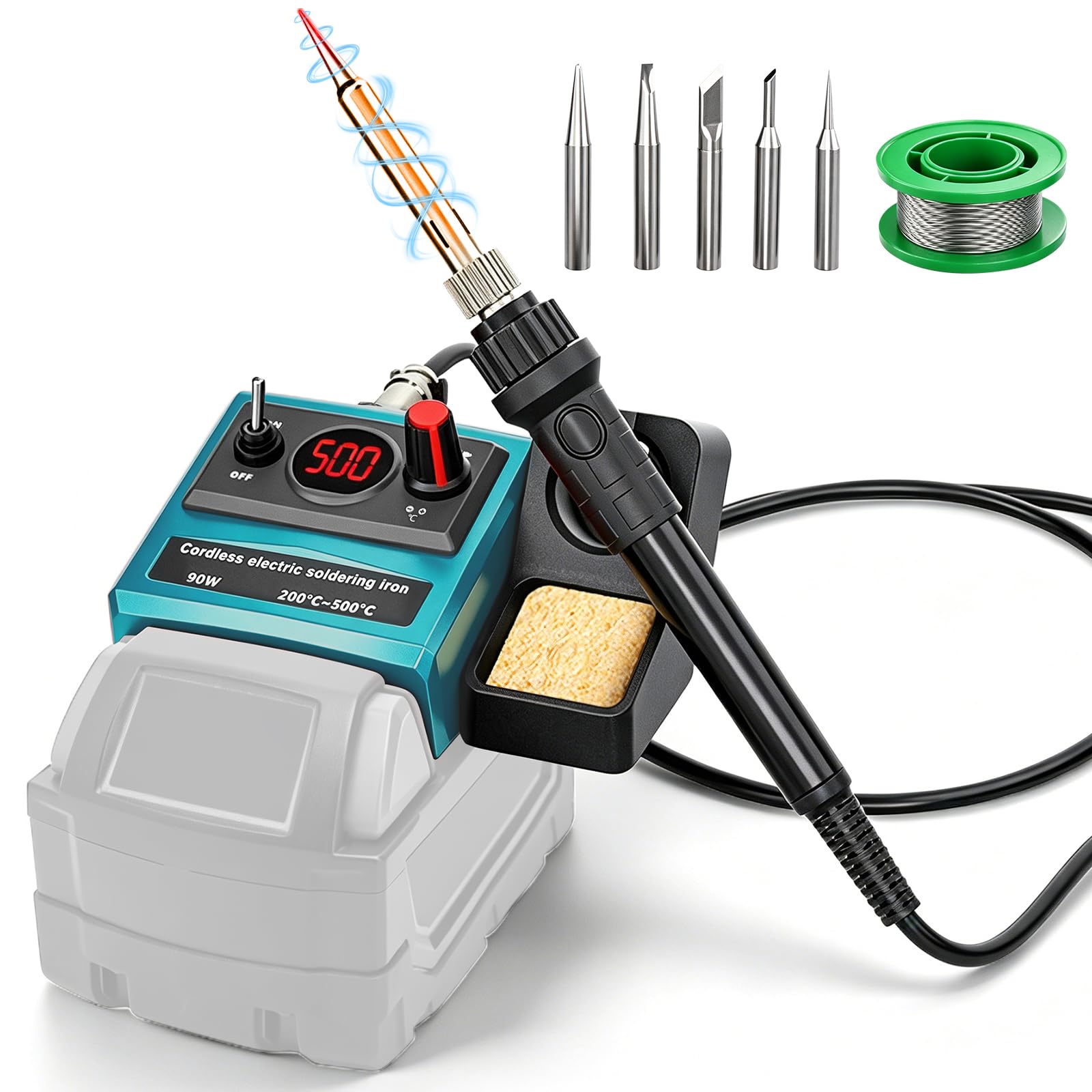 Stazione Saldante a Batteria per Makita 18V (senza Batteria) | 90W, Kit Saldatore, Temperatura 200–500°C, Display LCD, 5 Punte, Bobina Filo, per Fai-da-te