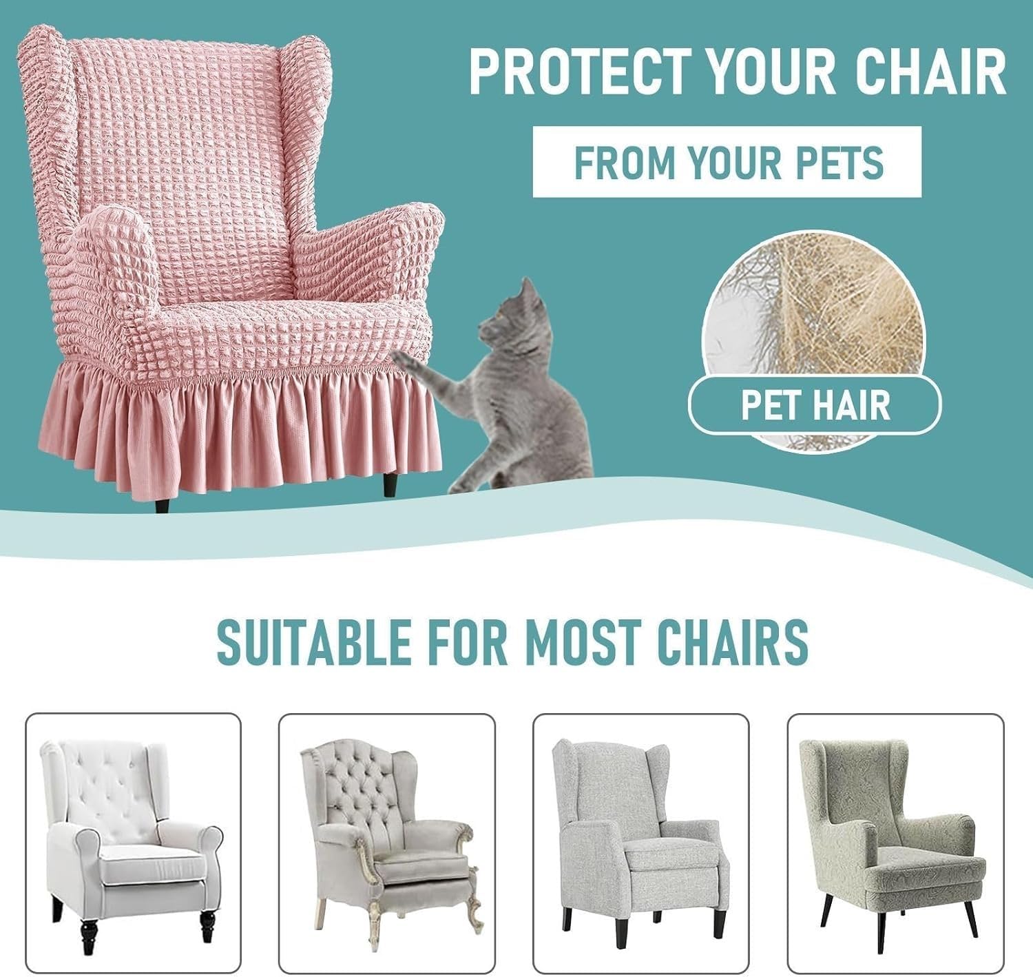 Generisch Elastische Seersucker-Husse für Ohrensessel – Universal Ohrensesselbezug mit Rüschen, Waschbarer Sesselbezug für Wohnzimmer, Hochlehner-Schonbezug im Set(Pink,Chair)