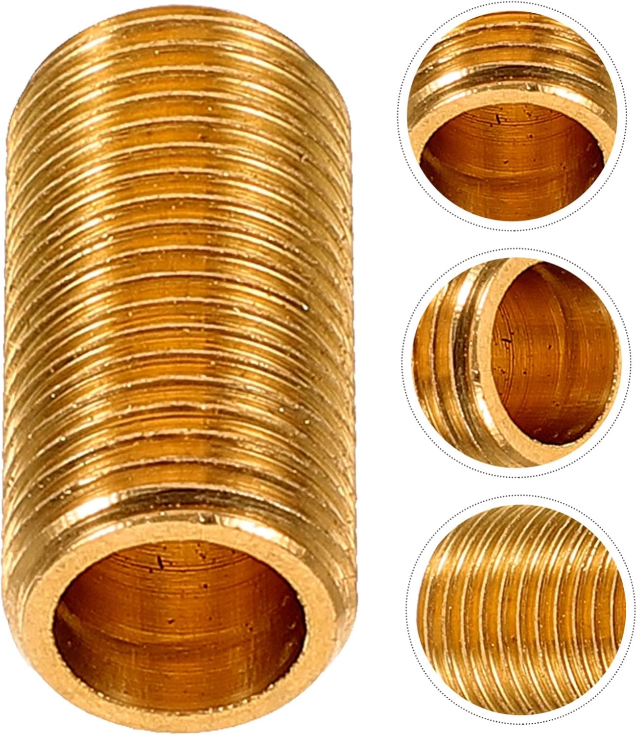 Close-up view of a TEHAUX M10 Brass Lamp Rod Connector showing external threads and hollow interior