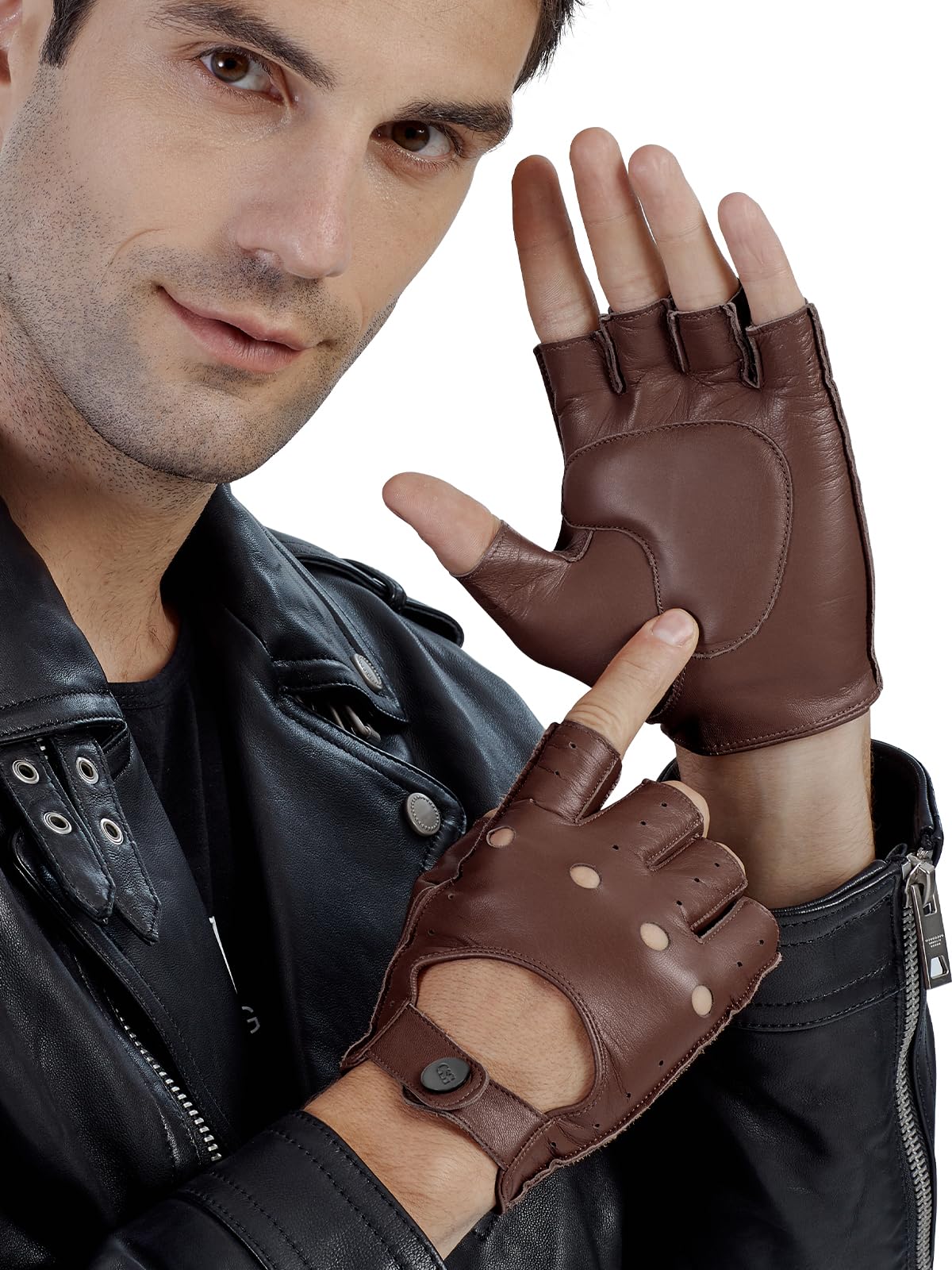 GSG Men Fingerless Gloves Driving Leather Cycling Half Finger Motorcycle Unlined Gloves for Cycling