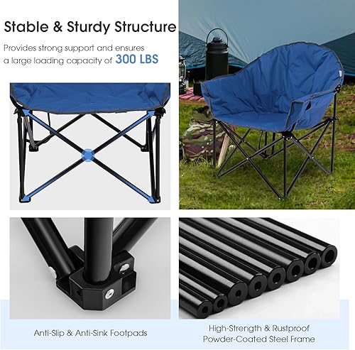 Miniatura 7 de Tangkula Silla de camping de gran tamaño, silla plegable acolchada al aire libre con soporte para tazas, silla de club con platillo redondo de luna,