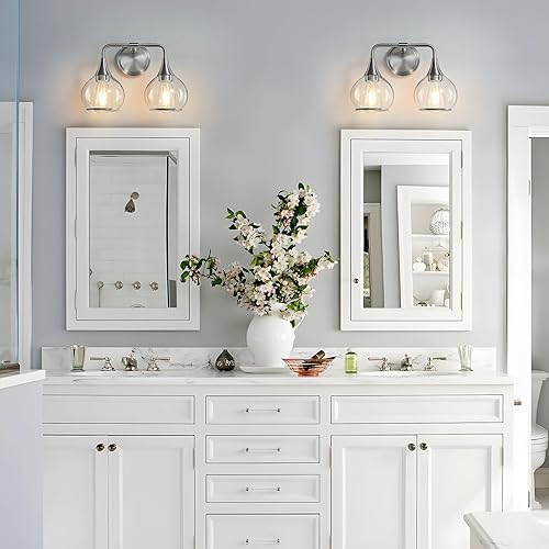 Miniatura 3 de Lámpara de tocador de baño de níquel cepillado, 2 luces, accesorios de iluminación de baño sobre espejo con pantalla de vidrio transparente de 14