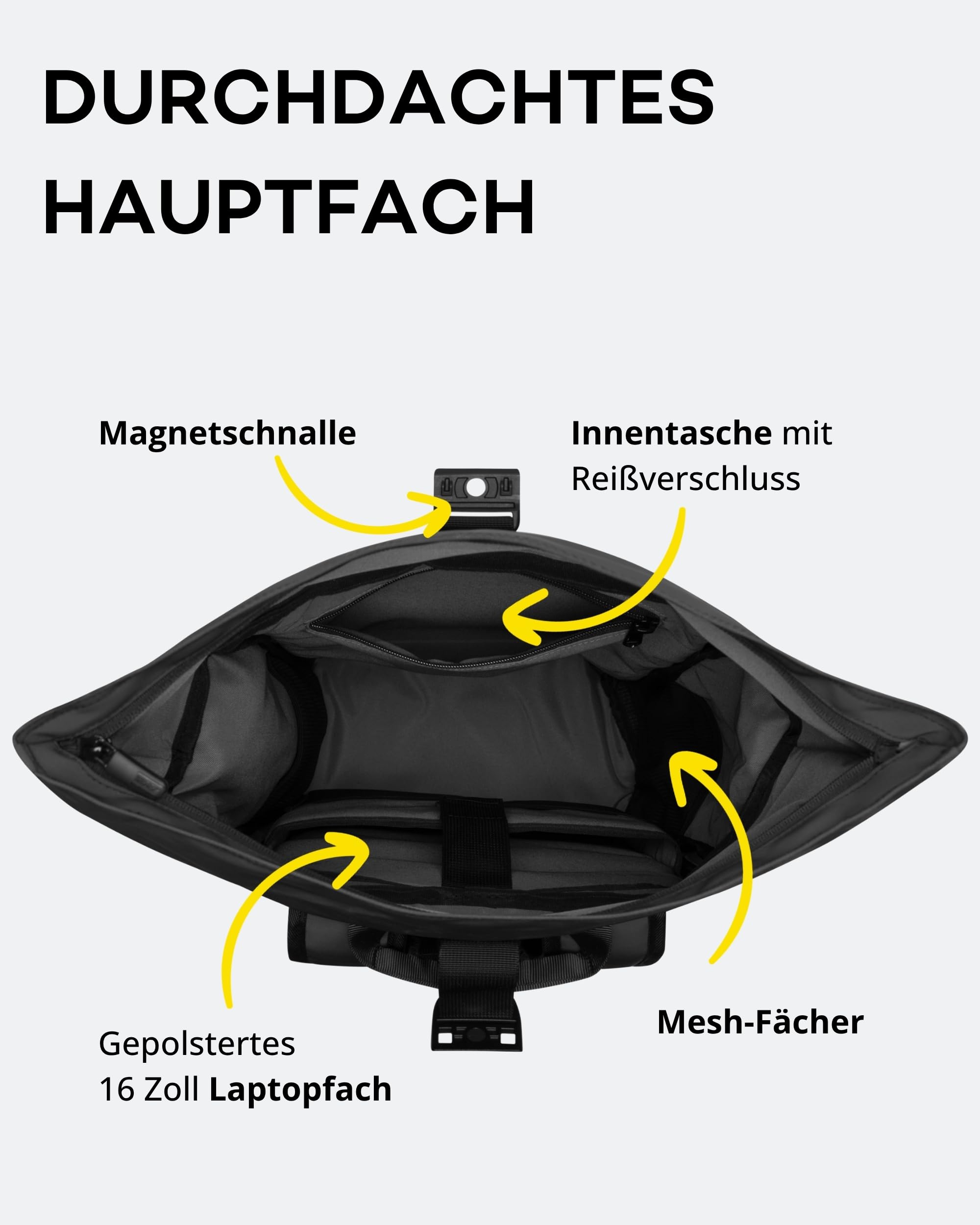 OAK25 Reflektierender Rolltop Rucksack Damen & Herren Schwarz - Luminite Rolltop - Roll Top Backpack für Arbeit Uni Fahrrad - Laptopfach bis 16 Zoll - Tagesrucksack 23L Reflektierend