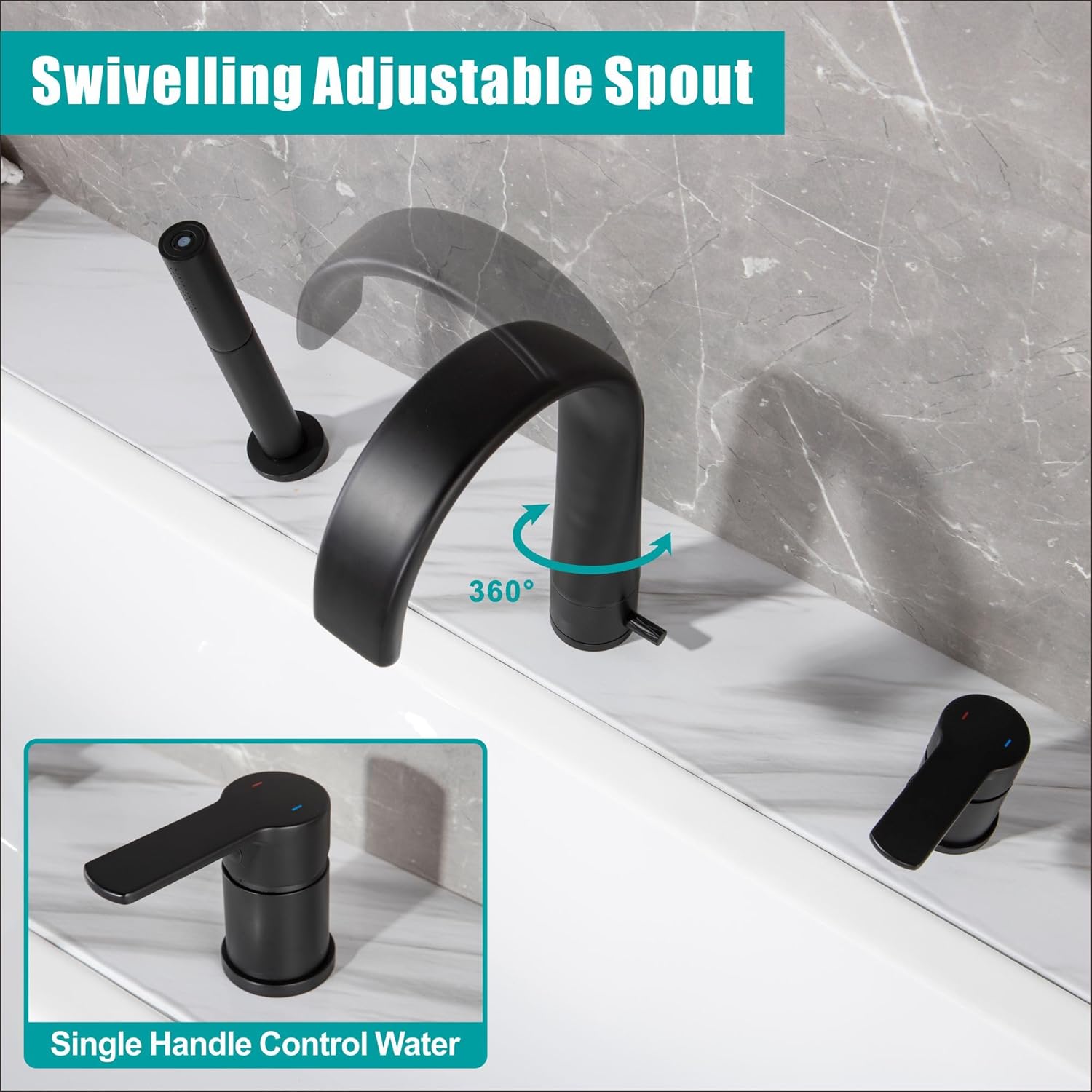 SKOWLL Deck Mount Tub Faucet with Sprayer Widespread Roman Tub Waterfall Faucet 3 Hole, Hight Arc Bathtub Spout, Multifunction Handheld Shower, Matte Black