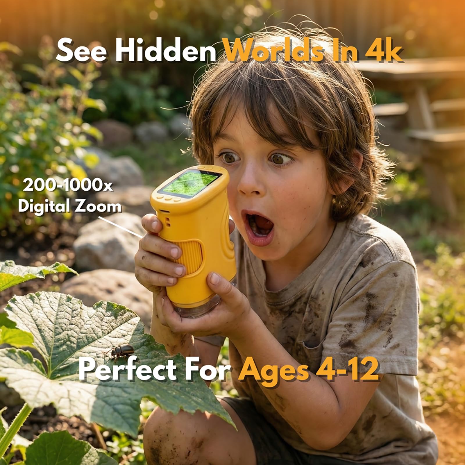 Microscopio digitale palmare 1000X per bambini, 2026 notizie mini microscopio tascabile portatile 200-1000X, microscopio educativo da 2 pollici con schermo 4K, kit scientifico, regali per bambini 3-12