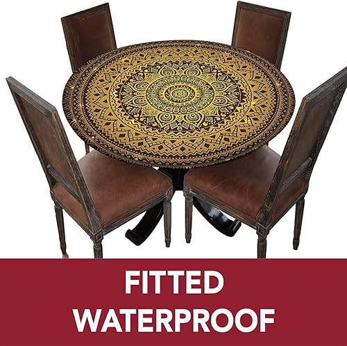 Miniatura 3 de Mantel redondo ajustable con borde elástico, patrón de mandala marrón en poliéster estampado oscuro, tamaño XL, se adapta a mesas redondas de hasta