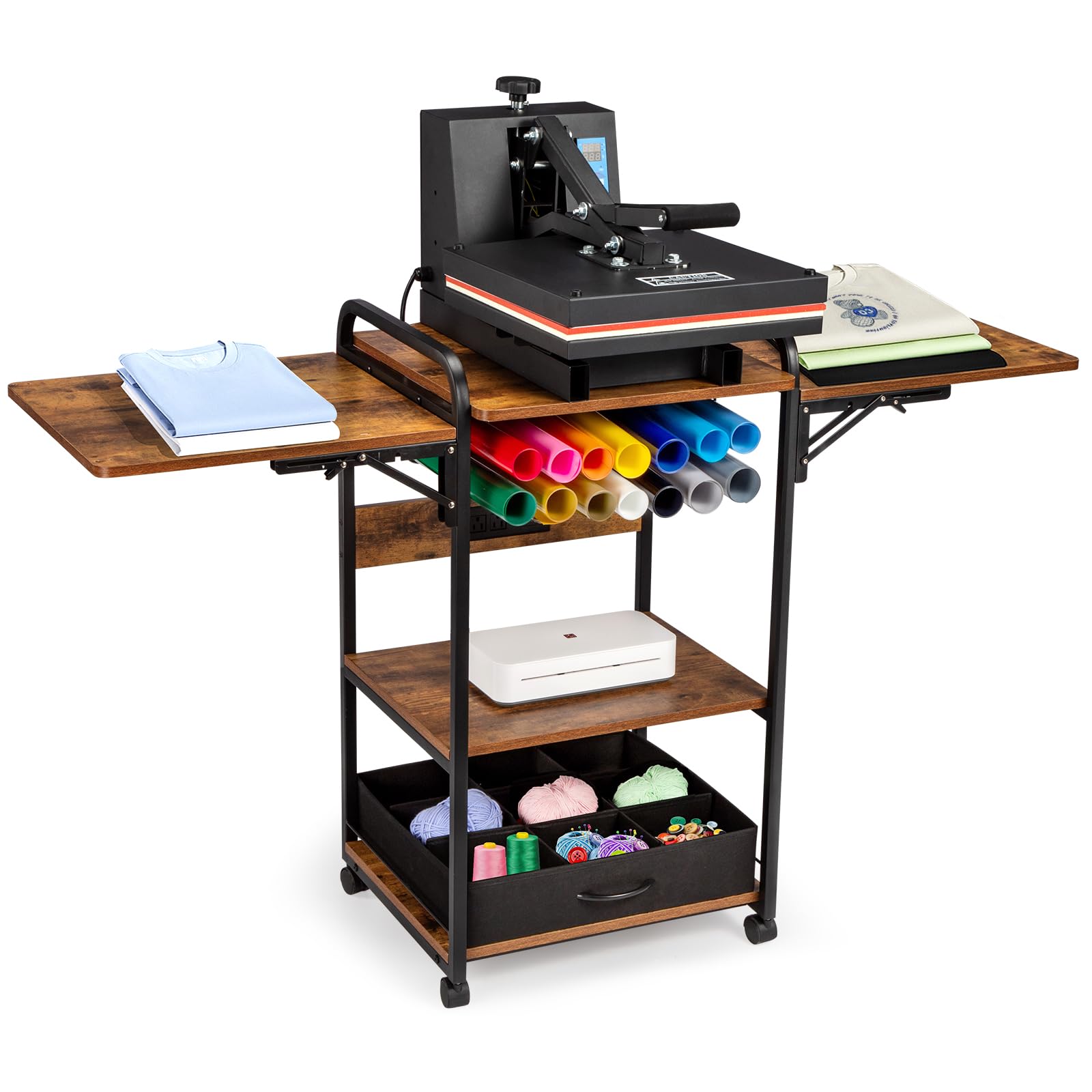 OLBRUS 3 Tier Movable Heat Press Table with Folding Shelf, Foldable Heat Transfer Machine Stand, 20'' Heavy Duty Rolling Workbench for DIY Sublimation Transfer Machine