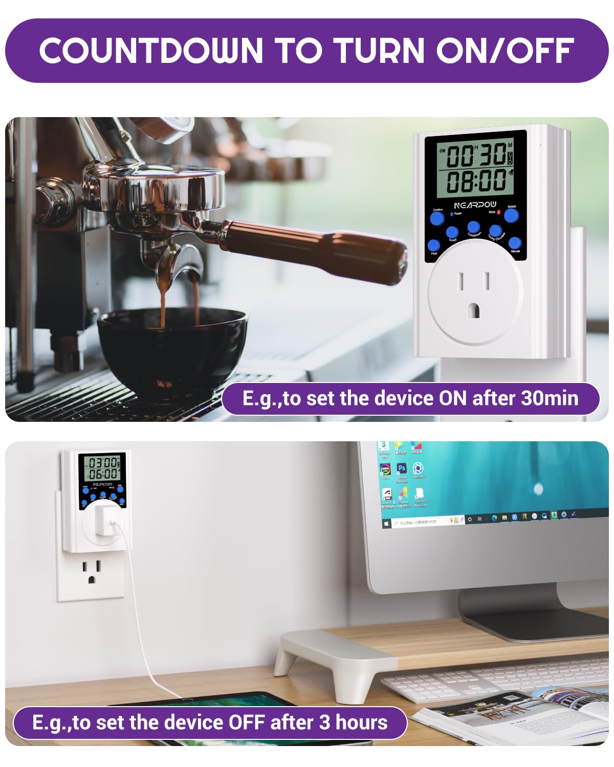 [2 Pack] Timer Outlet, Nearpow Multifunctional Infinite Cycle Programmable Plug-in Digital Timer Switch with 3-Prong Outlet for Appliances, Energy-Saving Timer, 15A/1800W