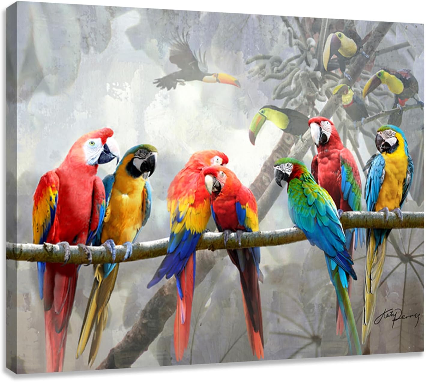 Macaw Parrot Canvas Wall Art, 12 x 15 Inch Tropical Colorful Bird Print on Branch, Framed Jungle Animal Painting for Living Room, Bedroom, Home Office Decor