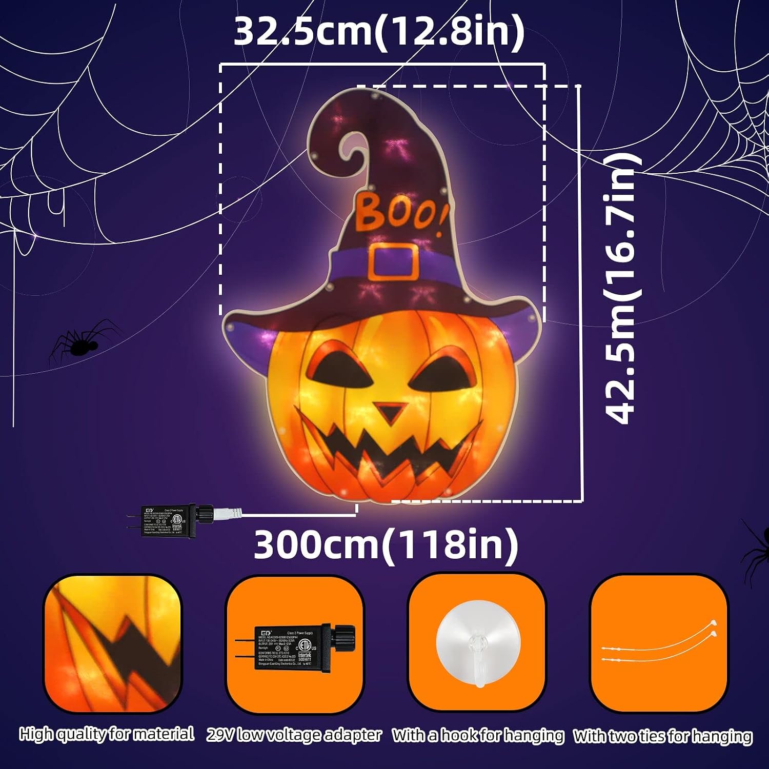 LAMPHOME 16.7" 20LED Lighted Jack-O-Lantern Halloween Window Silhouette Decoration,Halloween Lighted Window Decoration,Pumpkin Light(Jack-O-Lantern)