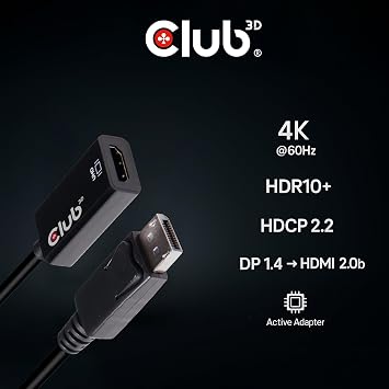 Club 3D CAC-1080 DisplayPort 1.4 to HDMI 2.0b HDR Active Adapter M/F | UHD 4096x2160 output, plug and play on Windows and Mac, links laptops and graphics cards to monitors and TVs