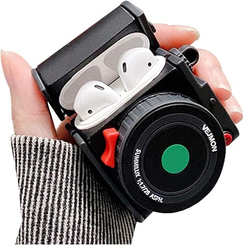 UnnFiko Funda para Airpods para cámara, diseño retro 3D de dibujos animados de silicona suave protectora Cool Airpods 1 y 2 funda de carga con