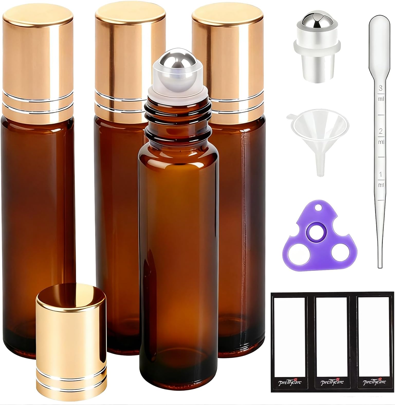 PrettyCare 4 Pack Amber Glass Oil Roller Bottles for Essential Oils 10ml, Roll On Bottles with Stainless Steel Roller Ball Leak-Proof Perfume Travel Refillable Bottle Empty, Beauty & Personal Care