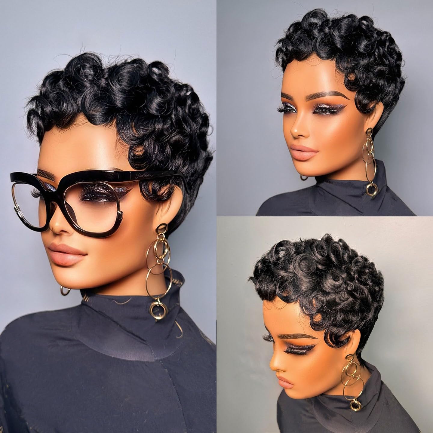 VRZ Short Curly Pixie Cut Human Hair Wigs for Black Women Pixie Cut Wig Human Hair Glueless Layered Brazilian Virgin Black Color No Glue Wig for Daily Use