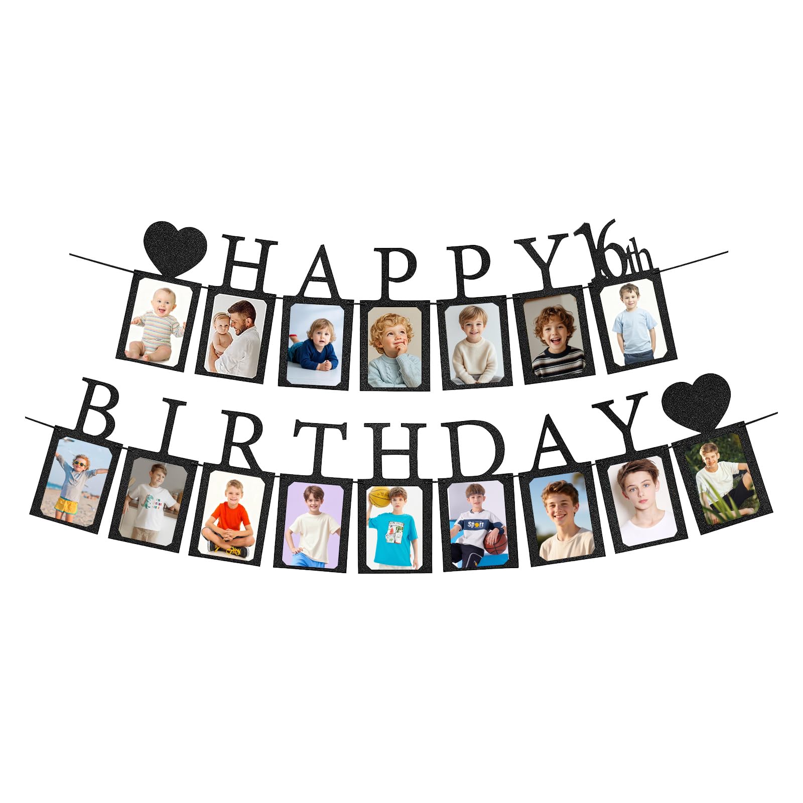 Sugfews Deko 16. Geburtstag Junge Schwarz, Fotogirlande Geburtstagsdeko, Foto Banner, Fotogirlande zum 16. Geburtstag, inkl. 16 Glitzerkarten für Fotos von Junge im Alter 1 bis 16 Jahre