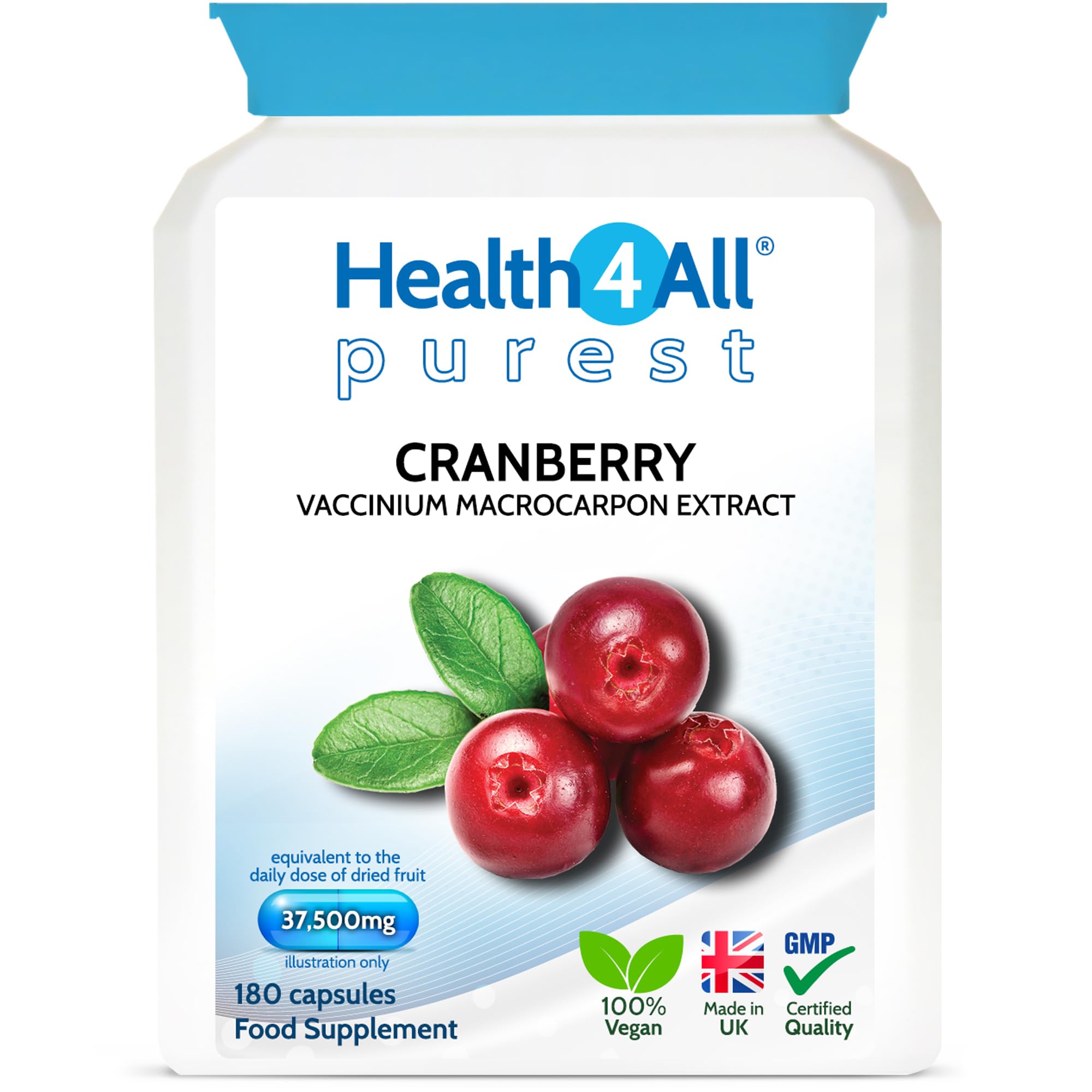 Health4All Cranbery 37,500mg 180 Capsules, 2 Months Supply, Purest High Strength Cranberry Extract Vegan Capsules Supplement for Women & Men | Made in UK (not Tablets)