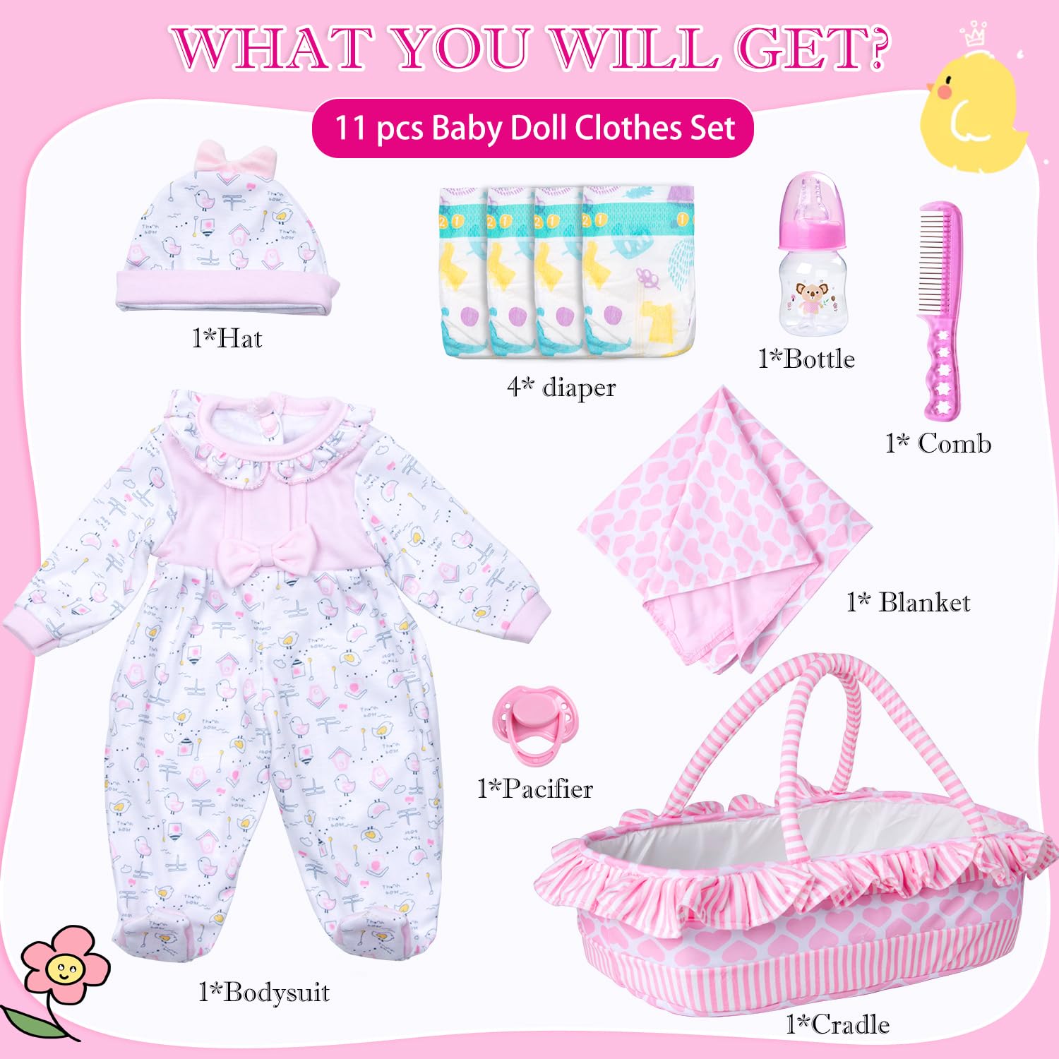 PEDOLLTREE - 11pcs Reborn Baby Doll Kleidung für Mädchen, rosa Mädchen Outfit Zubehör für 40,6–45,7 cm Puppe, Neugeborenes Mädchen mit rosa Herz Krippe
