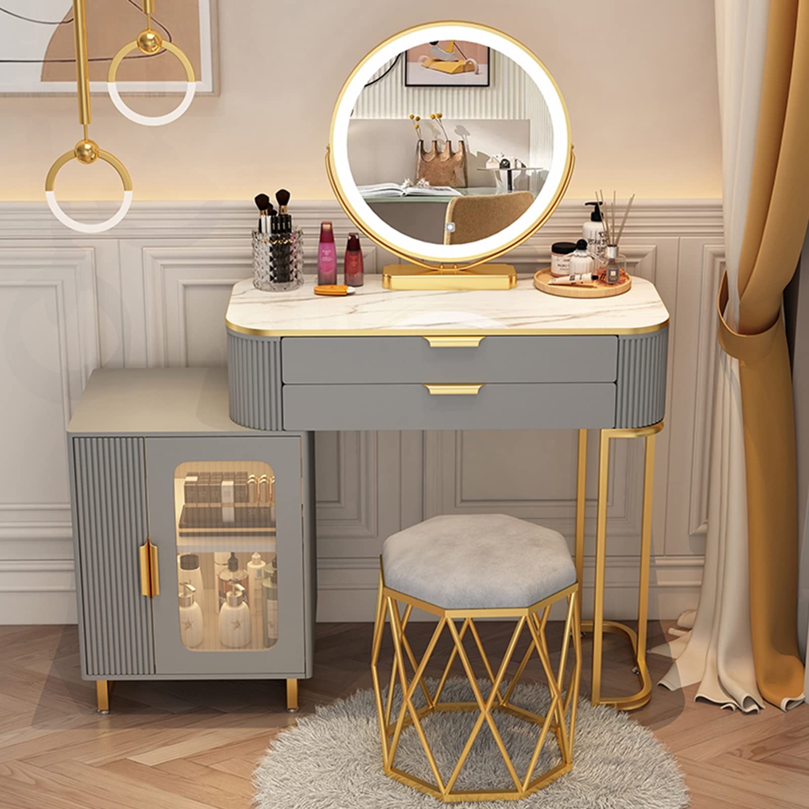 asdchZen Led Makeup Vanity Set With Adjustable Mirror, 3-Color Lighting Dressing Table & Stool, White & Black Bedroom Furniture, 120Cm/47.2In Makeup Desk With Nightstand,Gray+gold a-80cm/31.5in