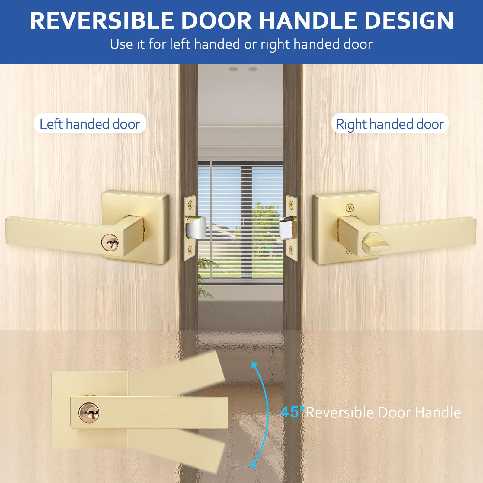 Bonpoly 1 Pack Satin Brass Door Handle, Heavy Duty Entry Door Handle with Lock and Keys(Keyed Alike), Gold Door Handle for Bedroom or Living Room, Left or Right Handing