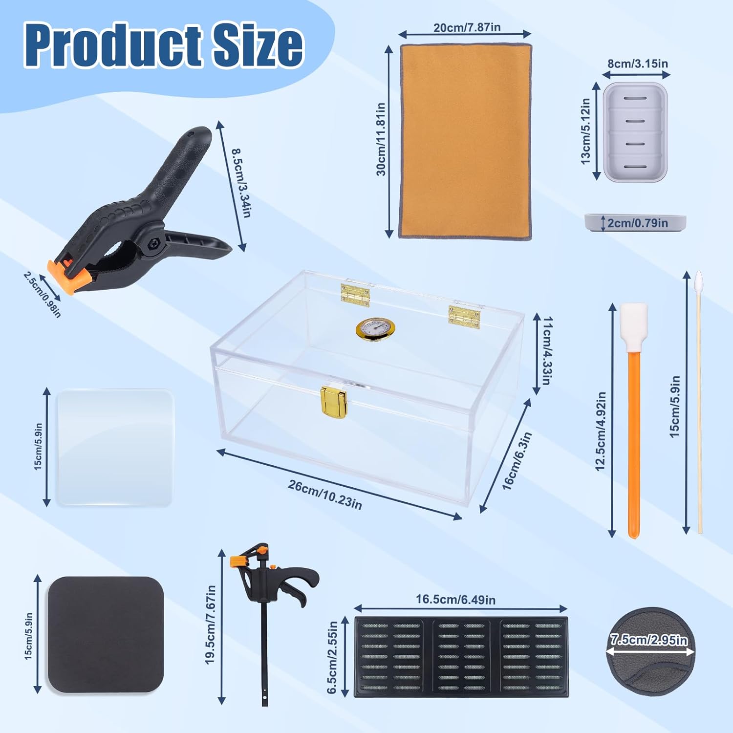 230pcs Card Humidor Repair Kit,Card Flattening Kit,Includes 1 Acrylic Humidor Box,2 Pads,4 Plastic Spring Clips,4 Vises,2 Cloths,200 Cotton Swabs,10 Cleaning Discs,2 Acrylic Discs,2 Boxes,1 Carry bag