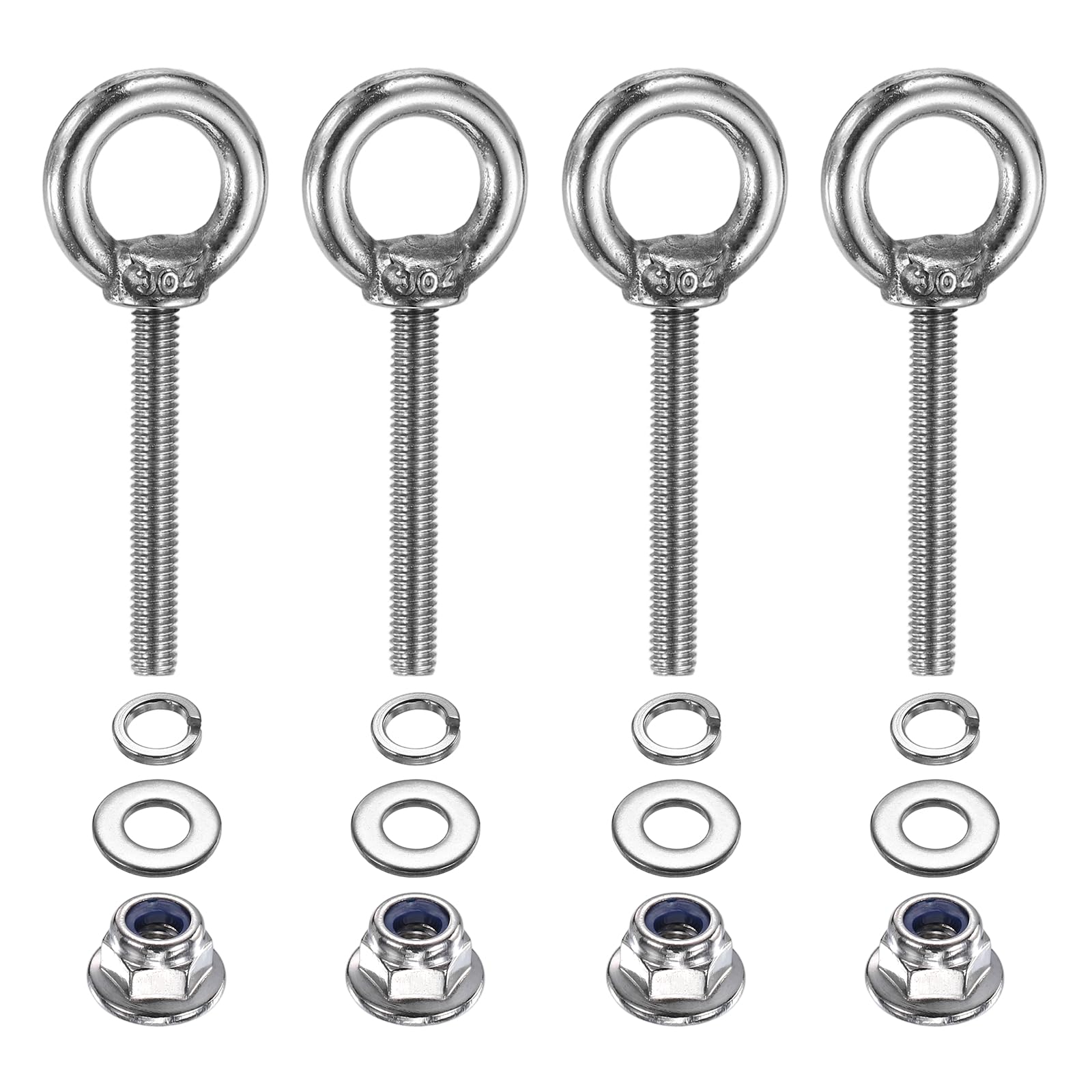 PATIKIL M4 x 30mm Shoulder Eye Bolt, 4 Pcs 304 Stainless Steel Lifting Ring Threaded Eye Bolt with Flange Lock Nuts Spring and Flat Washers for Hanging Tie Down Straps Outdoor Indoor