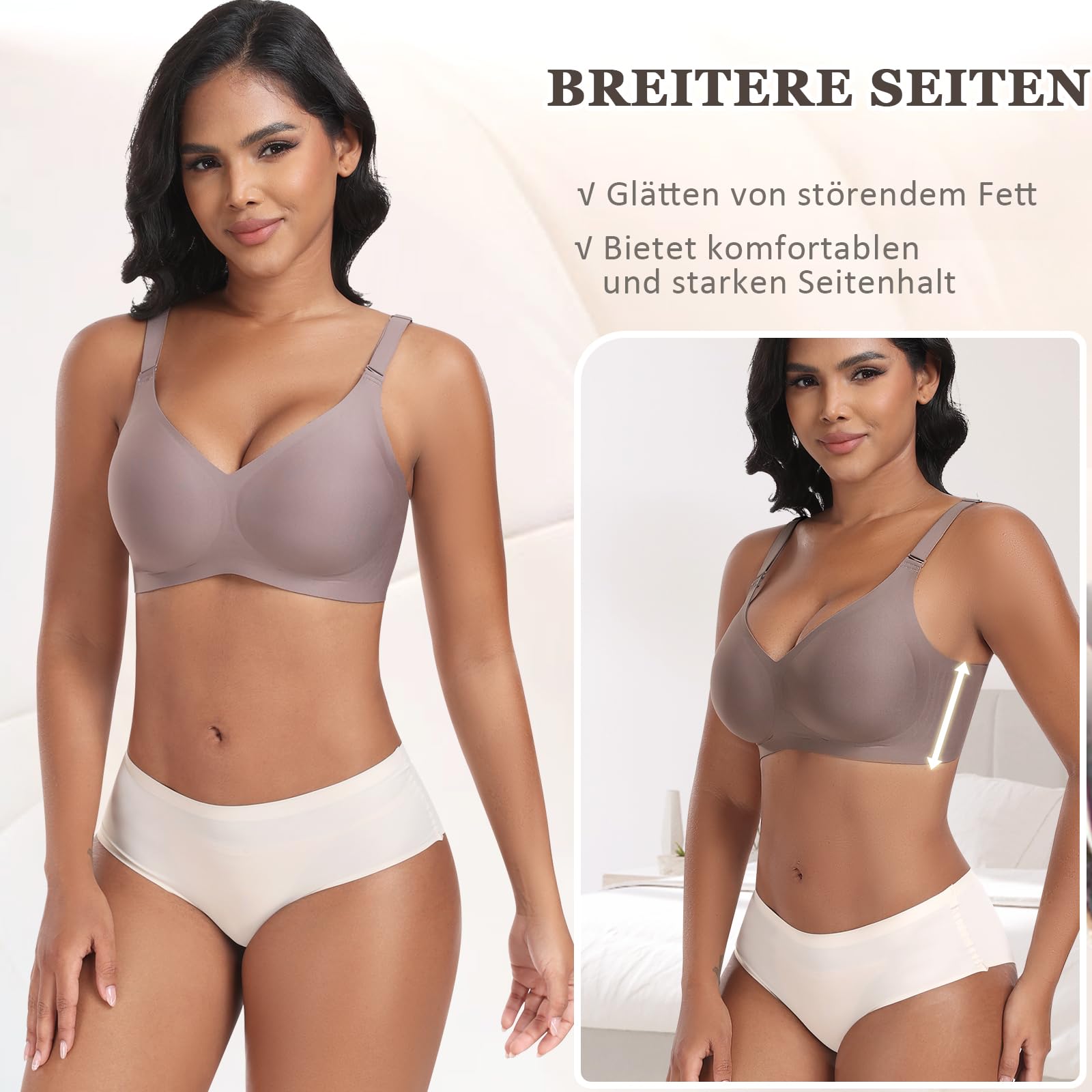 Jiuday Reggiseno senza ferretto, reggiseno push up per seni grandi, tenuta forte, senza ferretto, senza ferretto, imbottito, senza ferretto, comodo, scollo a V, bralette, Nero + caffè., XL