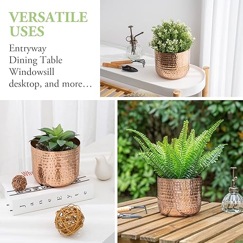 Miniatura 10 de MyGift Jarrón de metal vintage de tono cobre de 6 pulgadas, maceta con textura martillada, contenedor cilíndrico para plantas suculentas de