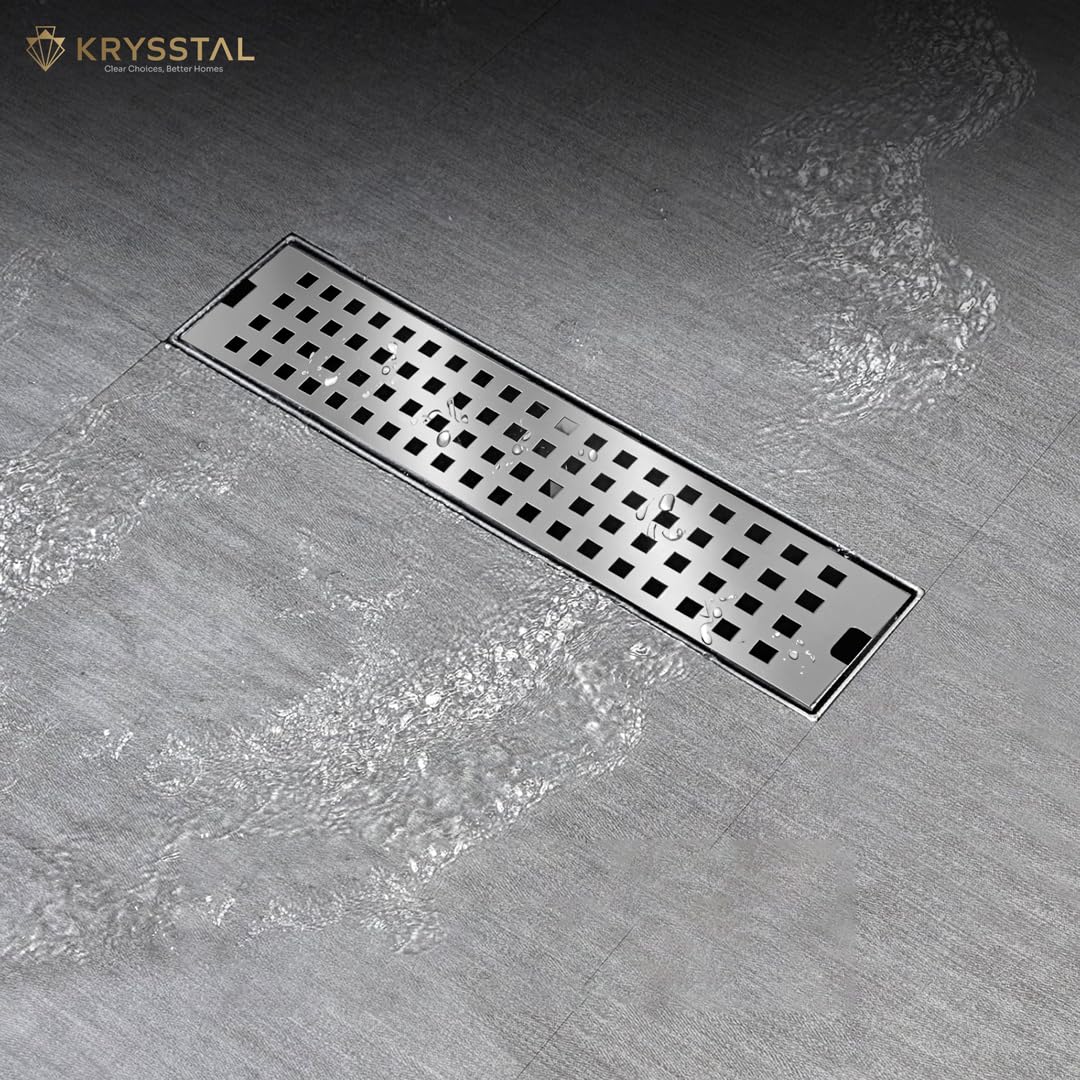 KRYSSTAL Quattro 12 x 4 Inches Shower Drain Channel | 304 Grade Stainless Steel Shower Drain Cover with Cockroach Trap | Bathroom Water Drainer with Side Hole | Linear Floor Drain for Bathroom