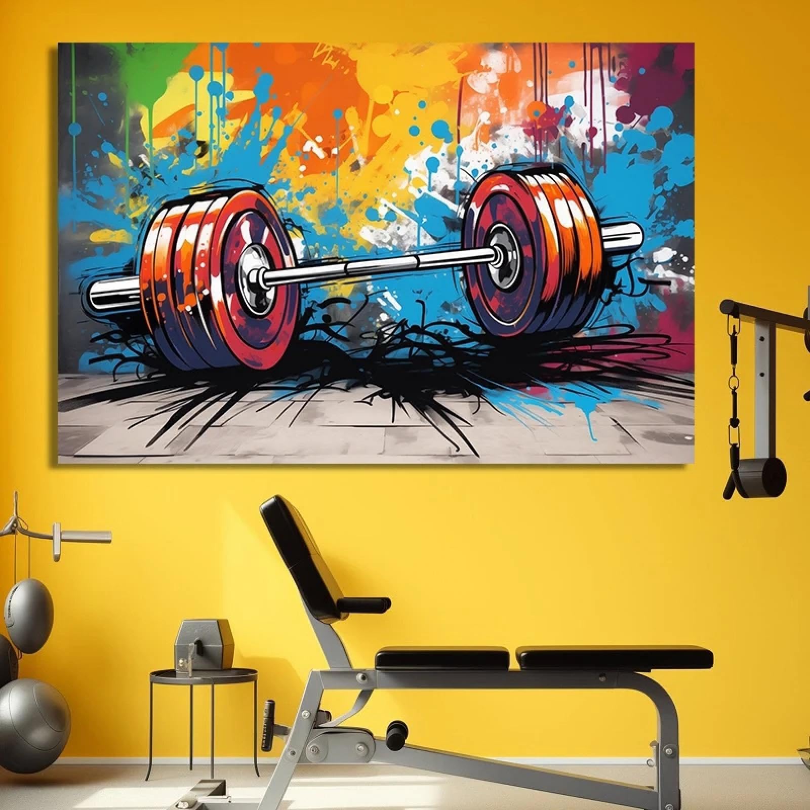 Kemeiqi Frameless Graffiti Barbell Canvas Painting Print Sport Motivational Wall Art Fitness Gym Decor Bodybuilding Poster Weightlifter 80X120cm