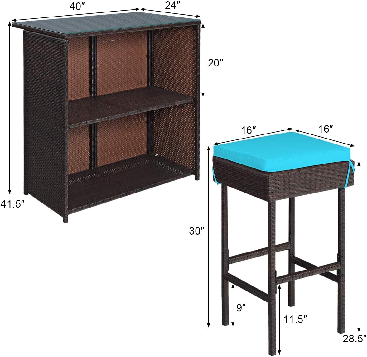 COSTWAY 3PCS Patio Wicker Bar Table Set, Outdoor Rattan Table with Tempered Glass Top and Storage Shelf, 2 Bar Stools with Cushion for Poolside Backyard Deck (Turquoise)
