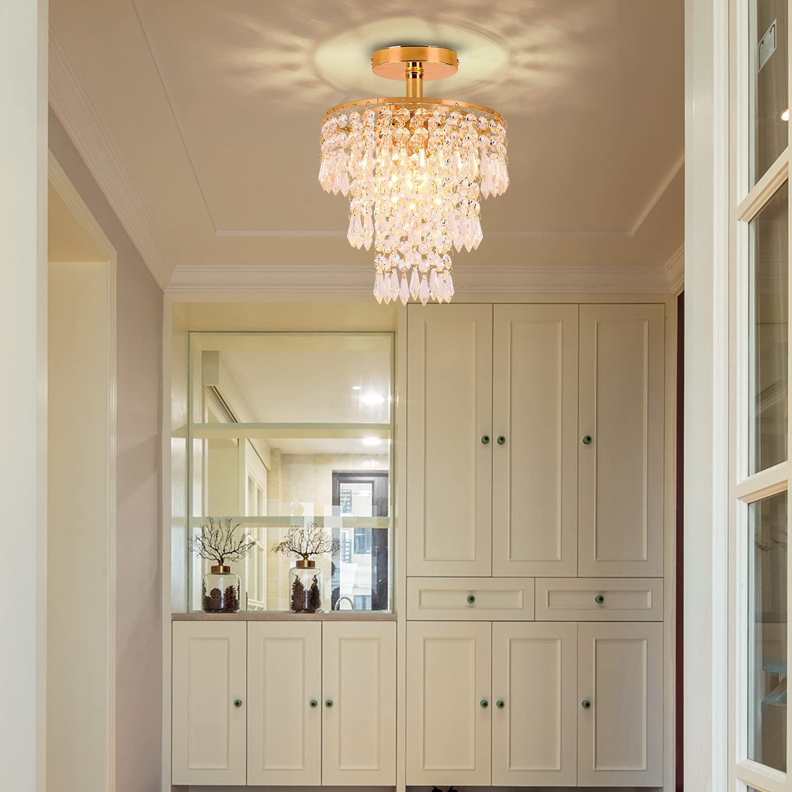 FRIXCHUR Mini Dimensioni Lampadario Di Cristallo Moderno Incasso Lampada Da Soffitto A 3 Livelli Gocce Di Pioggia Pendente Di Cristallo Decorazione Per Camera Da Letto Corridoio Soggiorno…