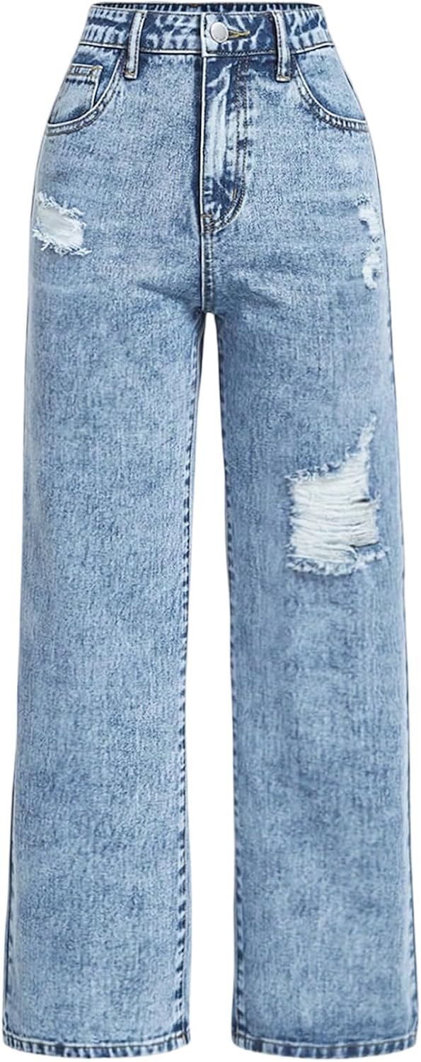 OYOANGLE Girl's Straight Leg Jeans Mid Rise Y2K Ripped Distressed Denim Pants with Pockets