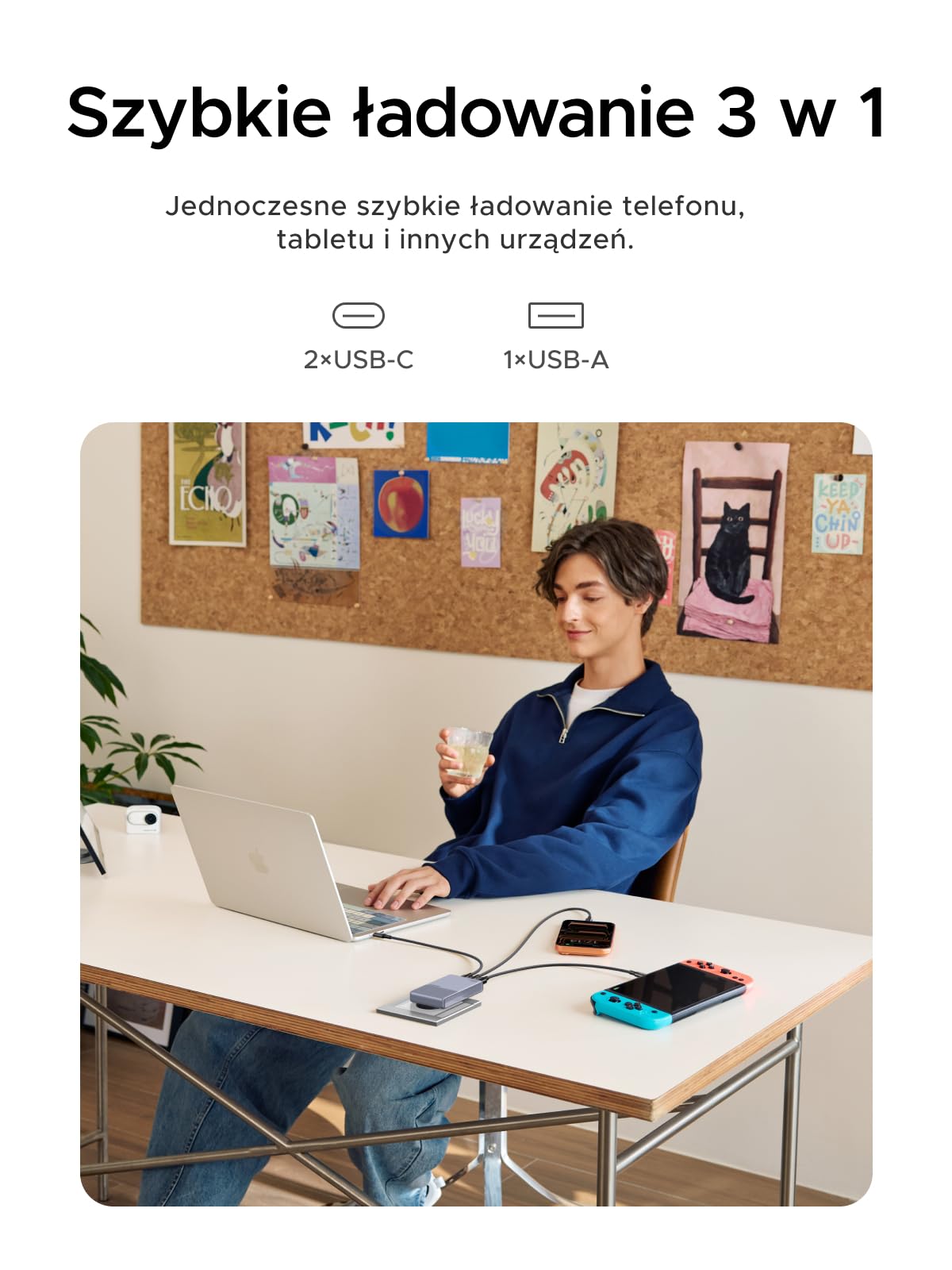 UGREEN Ładowarka USB-C 65W, cienka, 1,45 cm, składana wtyczka, 3 porty | Ultrapłaski szybka ładowarka GaN do podróży i biura, kompatybilna z MacBookiem Pro/Air/Neo, iPhone'em 17/16, iPadem, szara