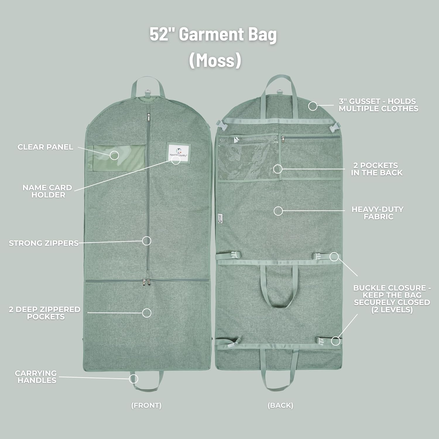 Waterproof Hanging Garment Bag 52 inch Deluxe Clothes Bag with Gusset, 4 Pockets & Side Zip for Dance Costumes, Sports, Skating, Theatre, Beauty Pageants & More by Kendall Country (Moss) - Image 2