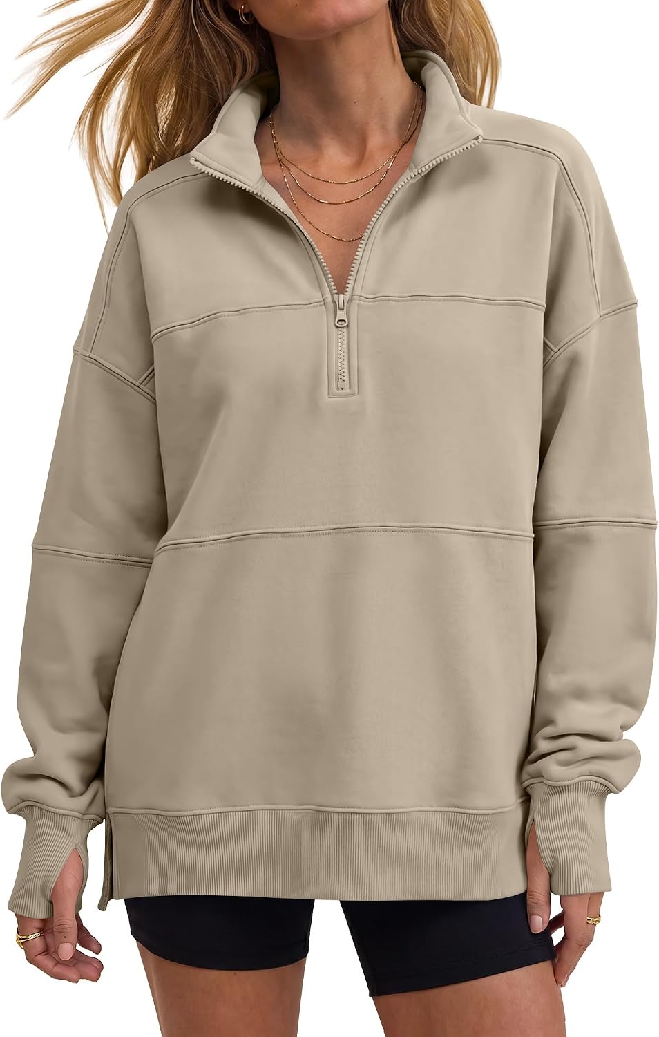 ANRABESS Women's Quarter Zip Pullover Oversized Sweatshirts | Solid Zip Up Thumb Hole Hoodies，Cozy Fleece,Side Pockets, Drop Shoulder，Casual Outfits，Fall Fashion Clothing