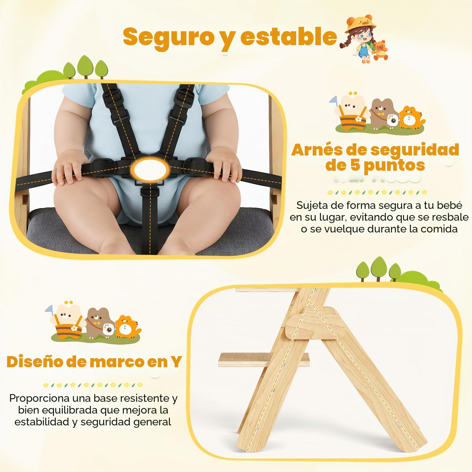 Trona de madera multifunción ergonómica con cinturón de seguridad de 5 puntos para bebés de 6 meses a 10 años, capacidad de carga de 25 kg, fácil montaje