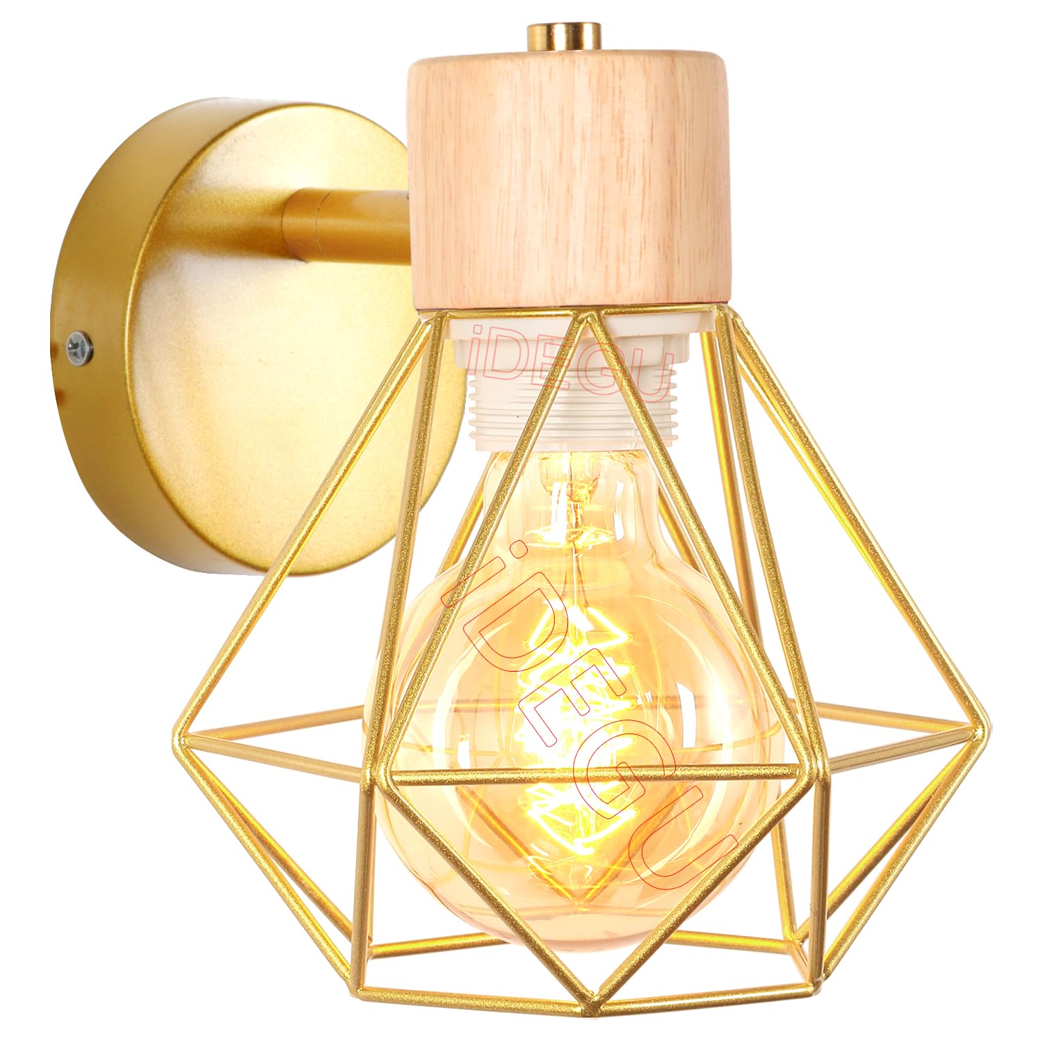 iDEGU Industrial Wall Light Metal Cage Design Wood Wall Lamp Adjustable Vintage Indoor Wall Sconce E27 Ceiling Light for Bedroom, Hallway, Living Room (16cm, Type B, Gold, 1 Pack) โ image 1