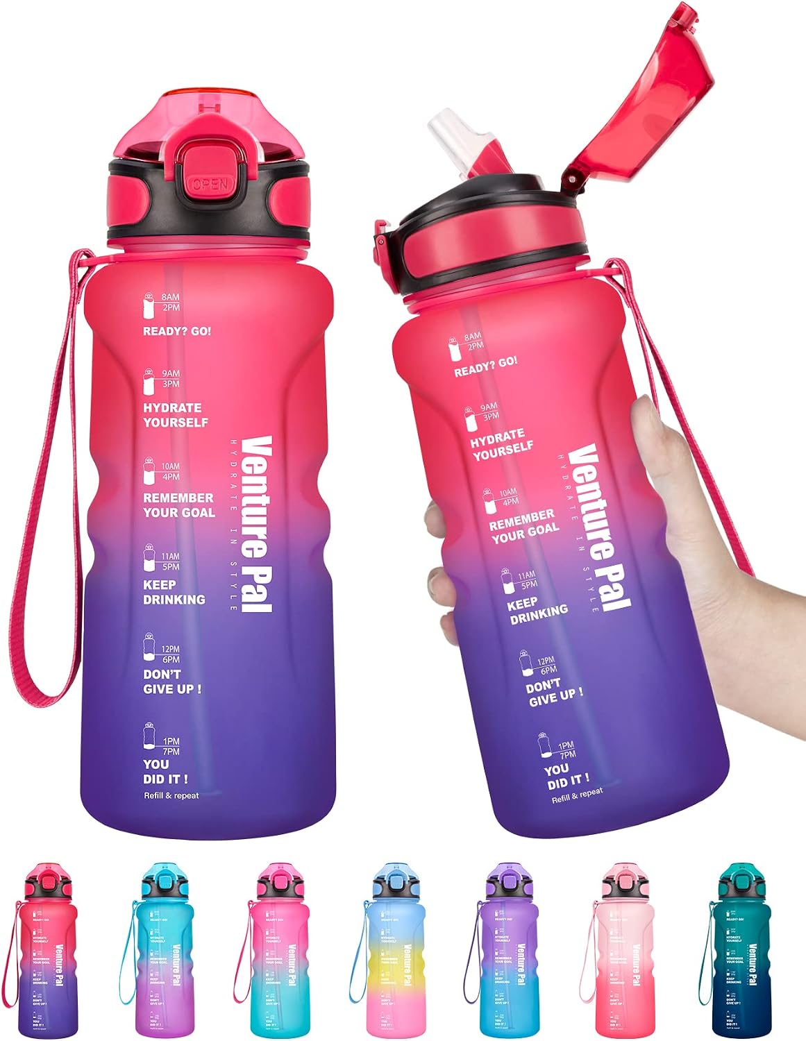 Venture Pal 32oz Motivational Water Bottle with Straw & Time Marker, Leakproof BPA Free Water Bottle to Ensure You Drink Enough Water for Gym, Camping, Outdoor Sports