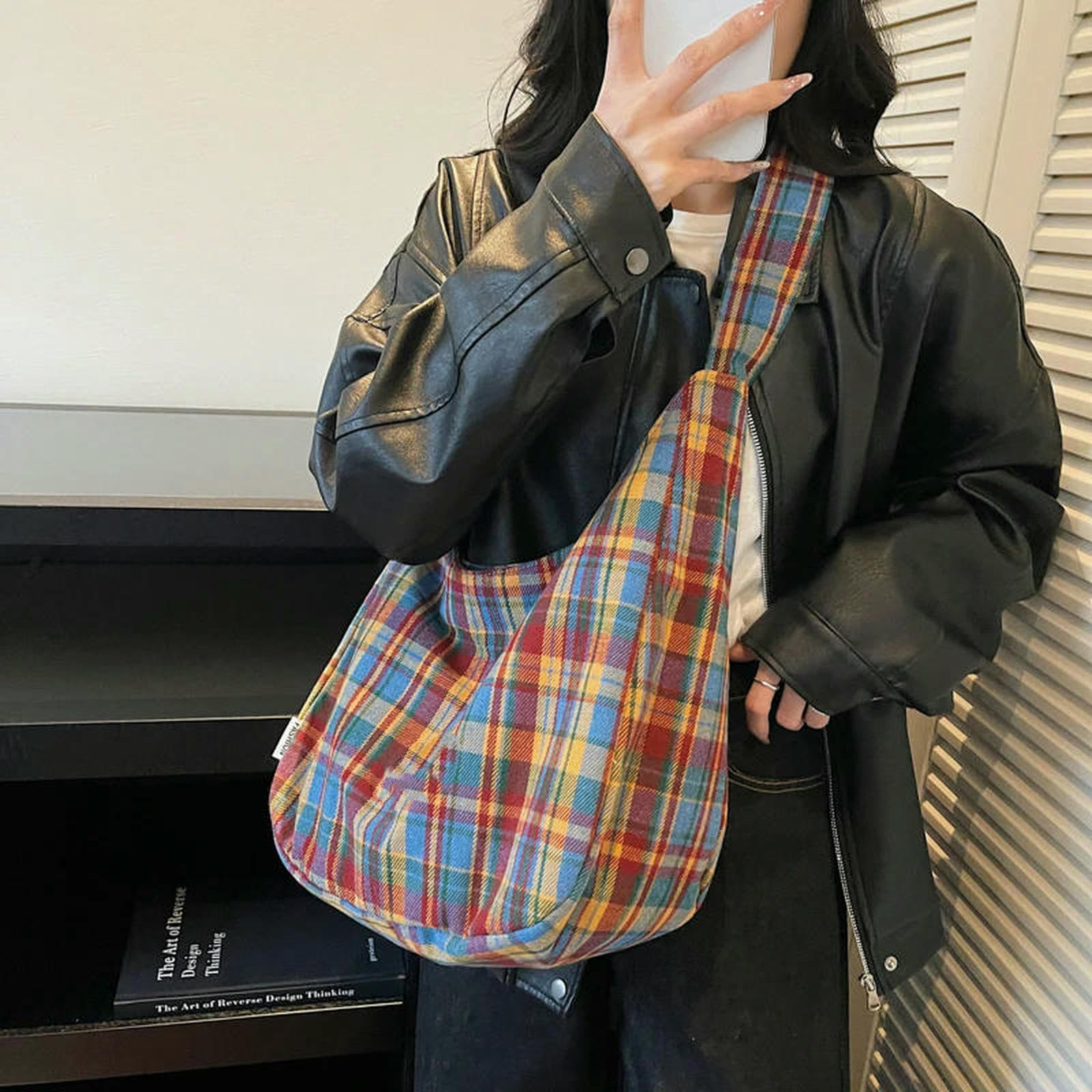 Borsa Donna Elegante Hobo A Quadretti Tracolla Scozzese retrò in Tela Leggera per Le Donne Ogni Giorno-Blu