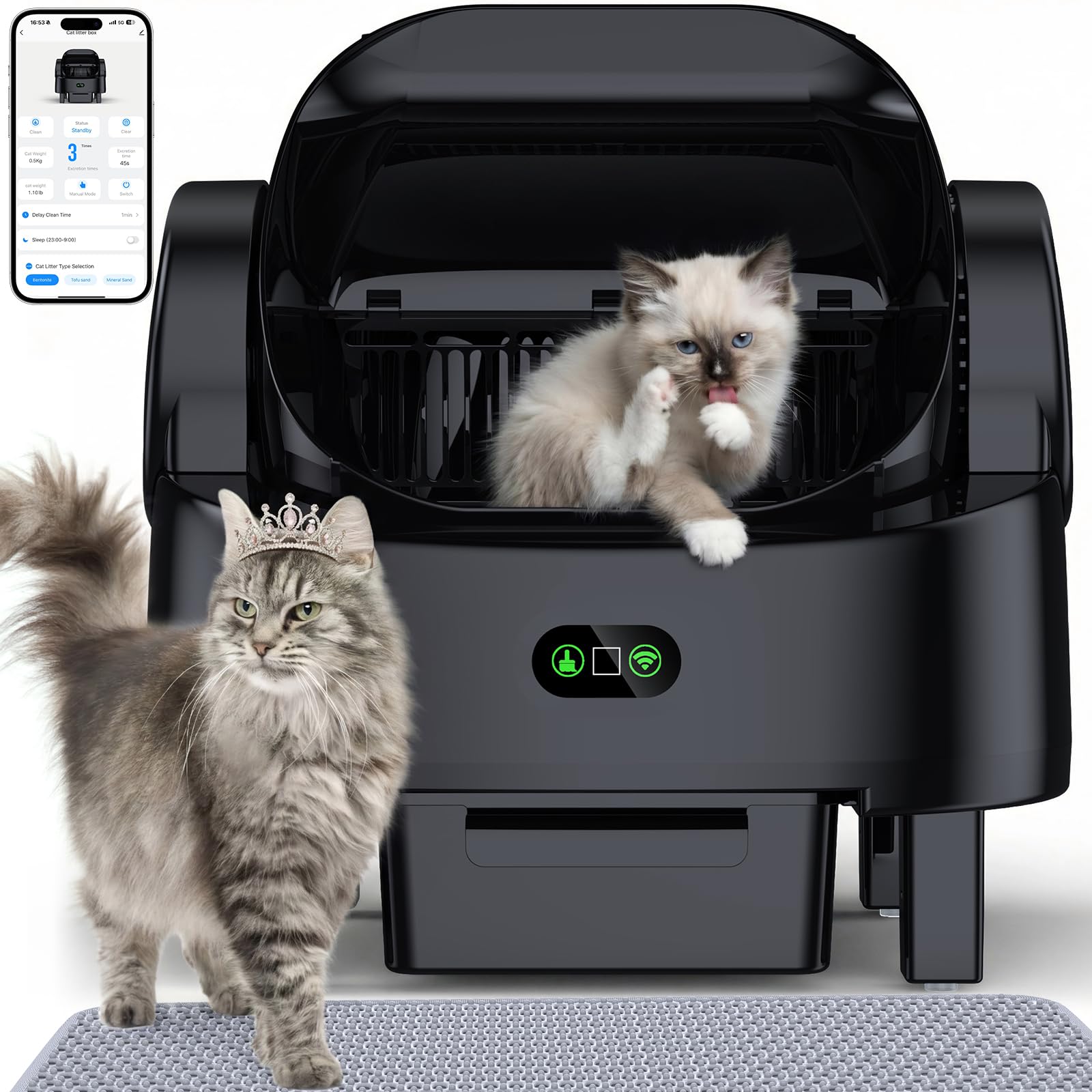 Automatic Cat Litter Box, Electric Large Open-Top Self Cleaning Litter Box for Multiple Cats, Smart APP Control, Multiple Safety Sensors, 1 Rolls Bags & 1 Mat, Arenero para Gatos Autolimpiable