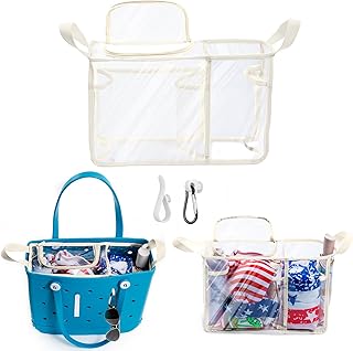 AMOIGEE Clear Beach Bag Organizer Insert with Zipper Closure Lid and 3pcs Accessories Compatible with Bogg Bag Medium- Tote Insert Bag Divider with Sunglasses Holder, Clips Hooks