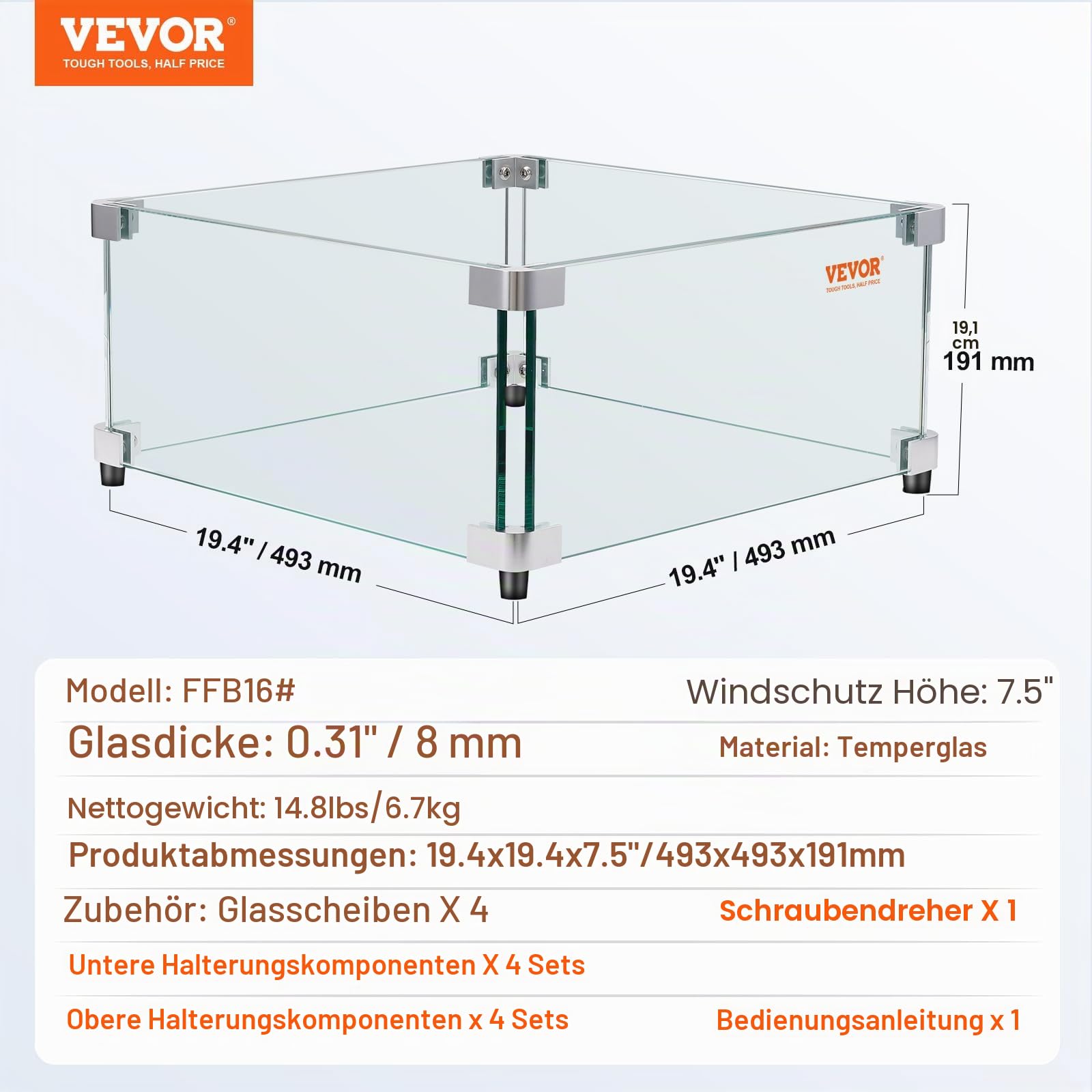 VEVOR Gas-Feuerstellen-Windschutz für quadratischen Feuertisch, 493 x 493 x 191 mm, durchsichtiger, gehärteter Windschutz für Feuerstellen, 8 mm dicker quadratischer Glasschutz, Glasscheibe mit harter