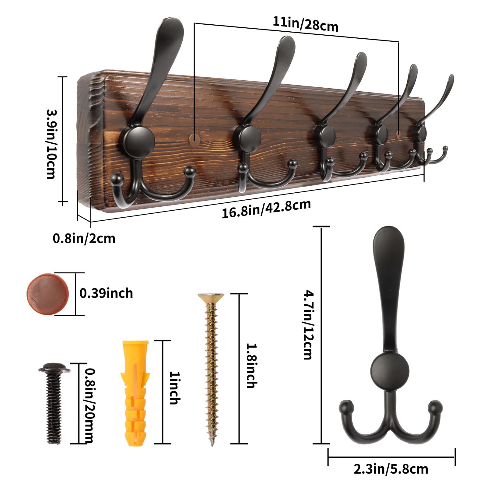 Homagic Perchero de pared de 16.8 pulgadas, rústico para sombreros con 5 ganchos triples, ganchos de pared para colgar abrigos, bolsos, toallas